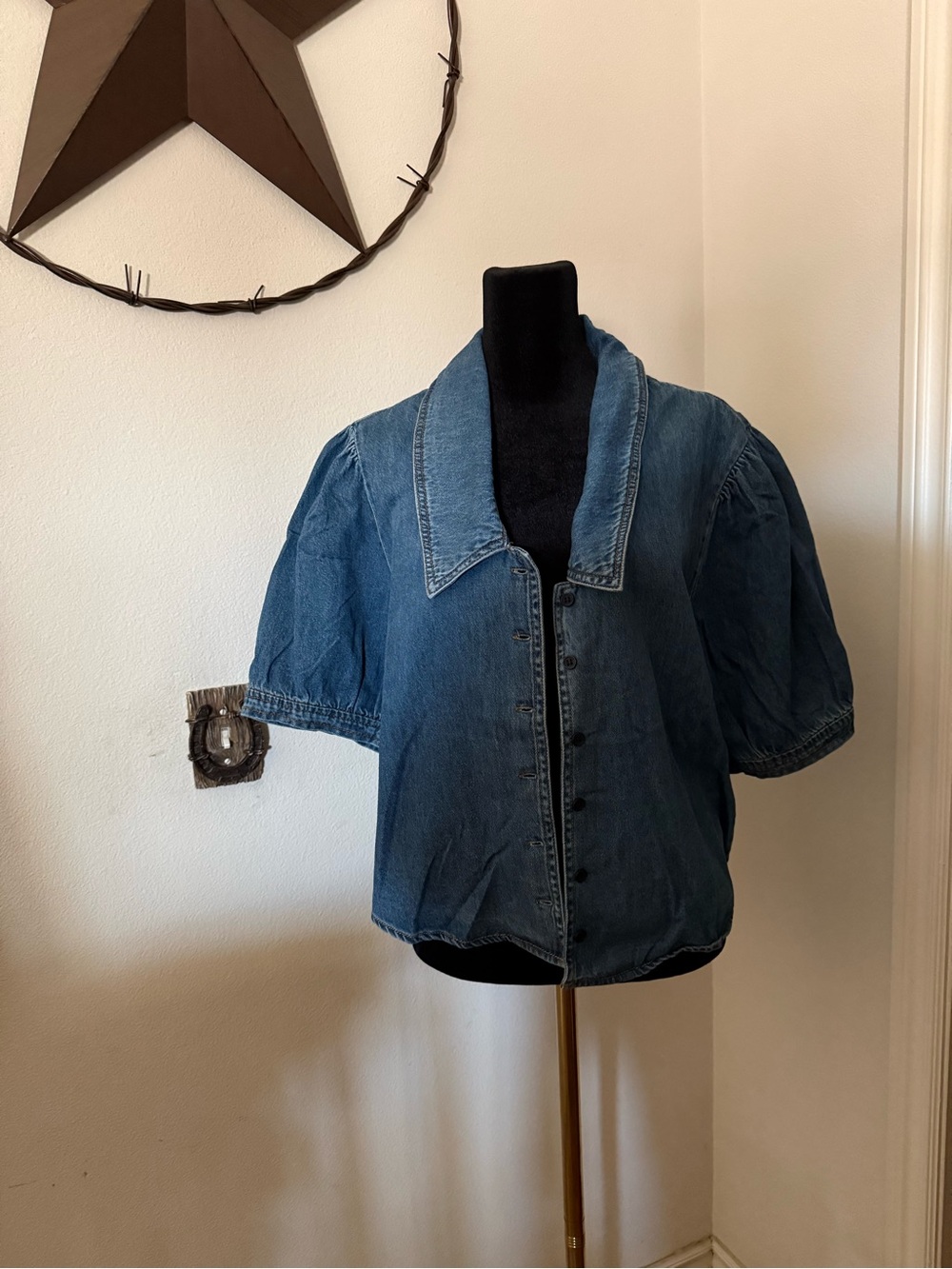 Women's Denim Button-Front Puff Sleeve Shirt - Blue